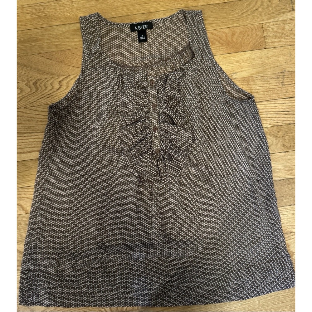 A. Byer Women's Brown/White Polka Dot Round Neck Sleeveless Button Blouse M
